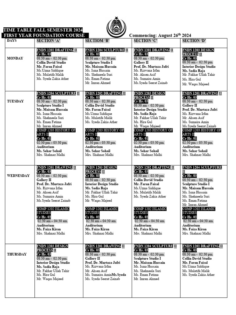 Timetable For Fall Semester 2024 | PDF