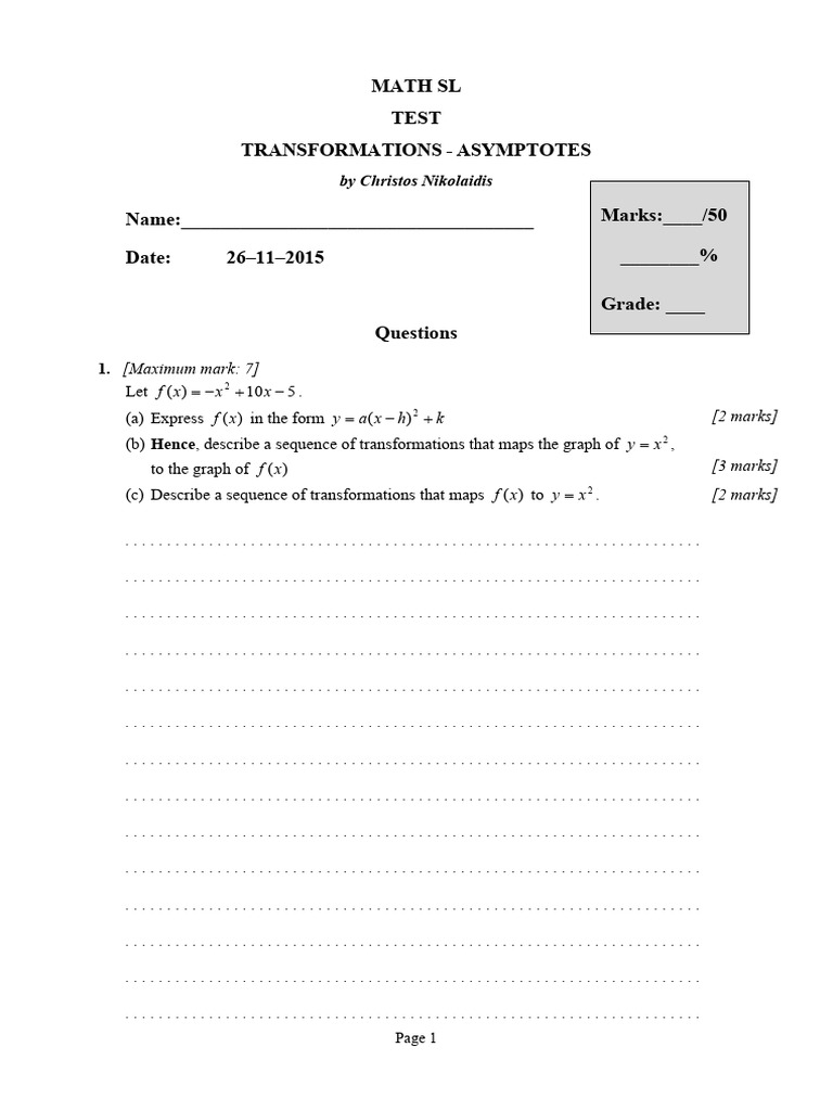 TEST 4. Transformations-Asymptotes (2015) | PDF | Asymptote | Mathematics