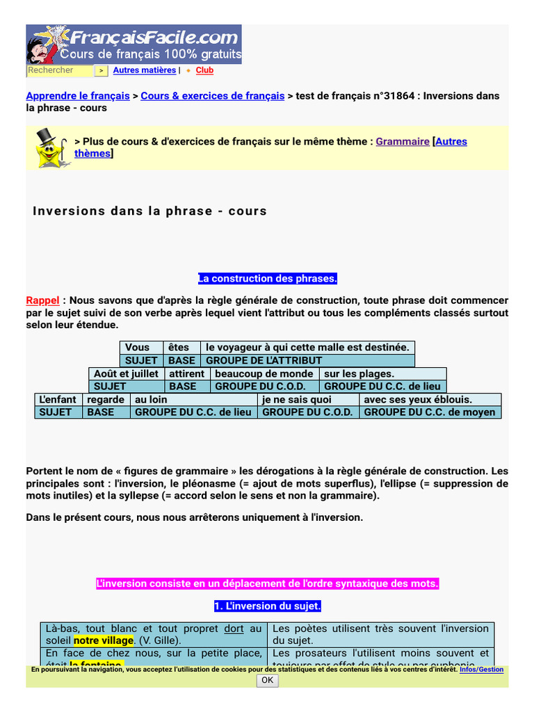 Inversions Dans La Phrase - 1601657799591 | PDF | Sujet (Grammaire ...