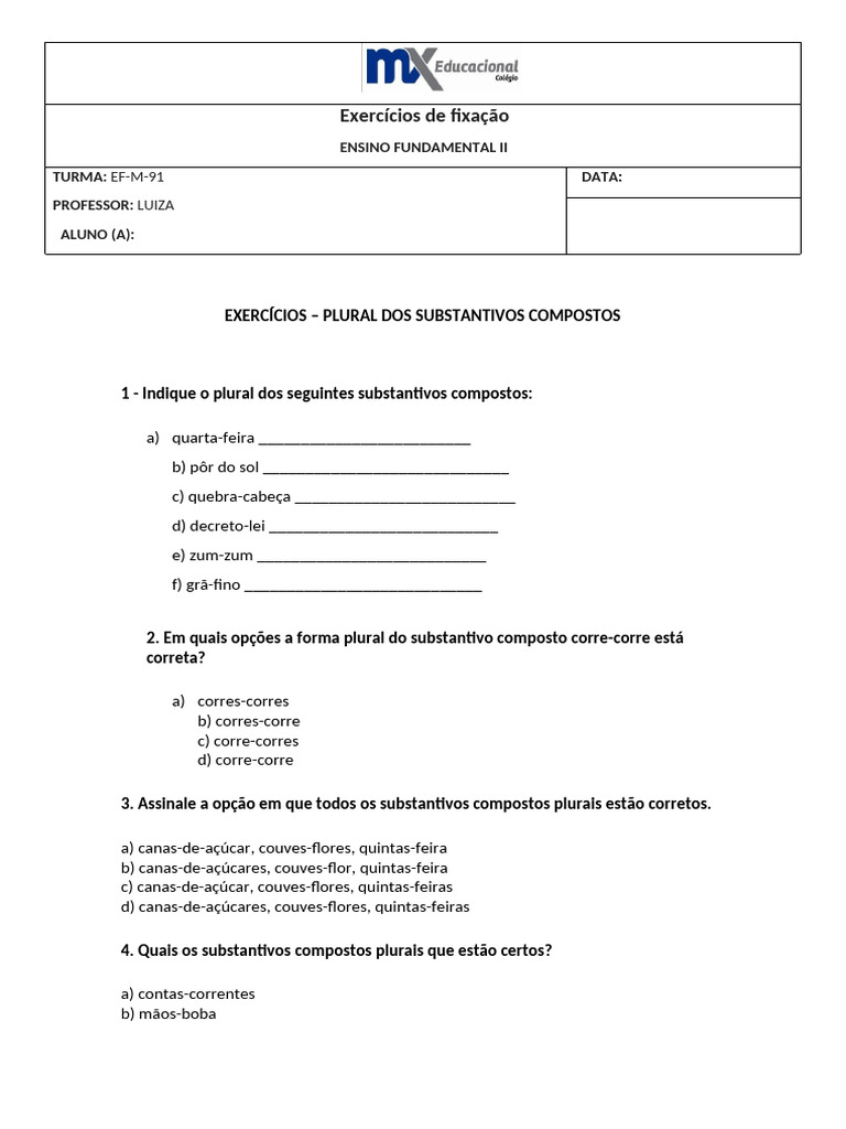 Exercícios de Plural de Substantivos Compostos | PDF | Plural | Substantivo
