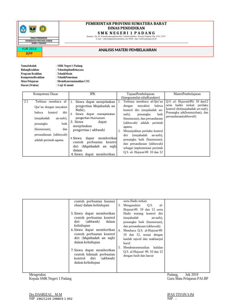 Analisis RPP Pembelajaran PAI SMKN 1 Padang | PDF
