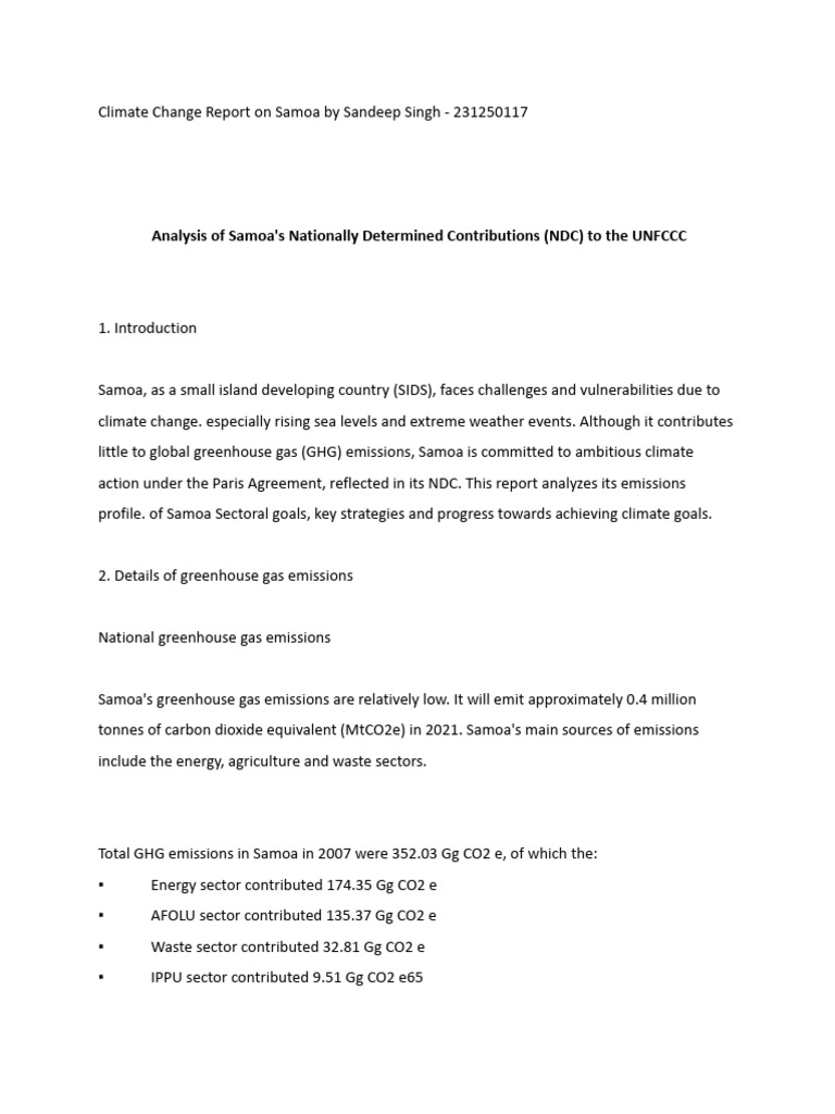 Samoa NDC Report Insights - Climate chANGE REPORT | PDF | Renewable ...