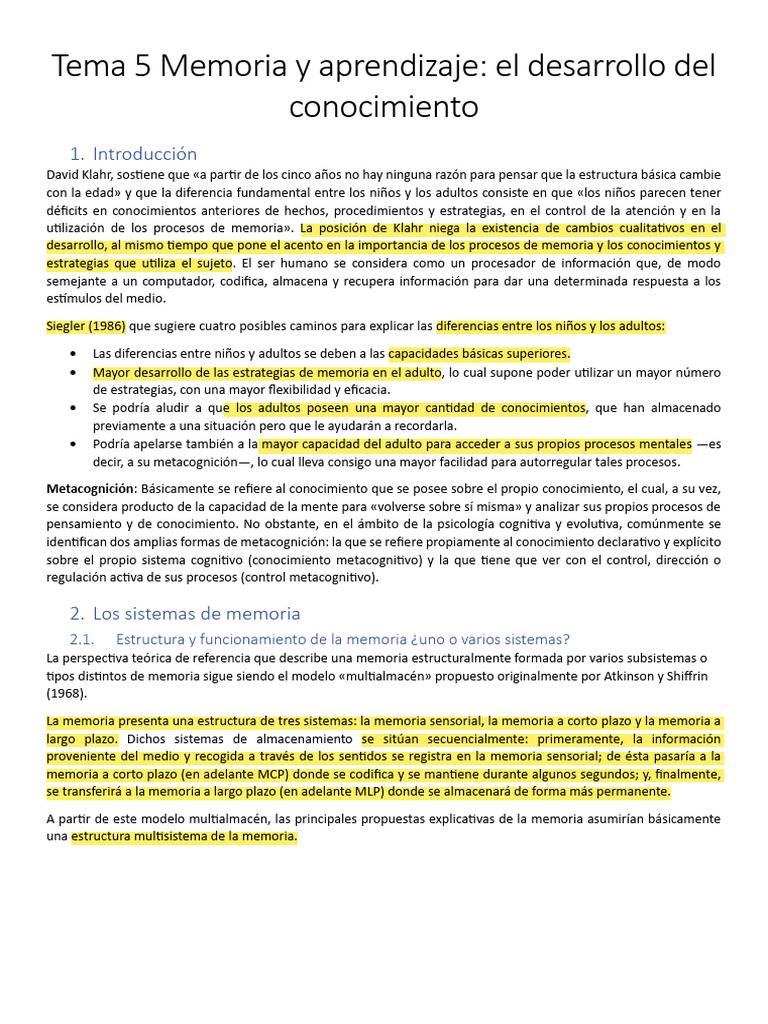 Memoria y Aprendizaje en el Desarrollo Cognitivo | PDF | Memoria ...