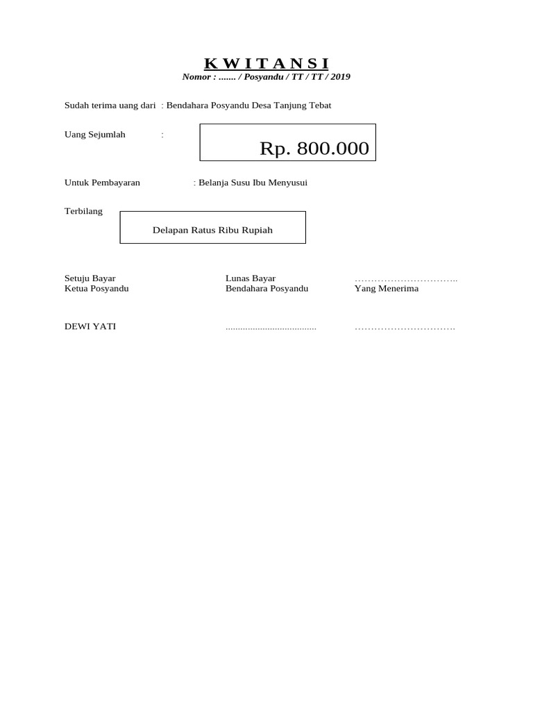 Kwitansi: Delapan Ratus Ribu Rupiah | PDF | Pengelolaan Keuangan & Uang ...
