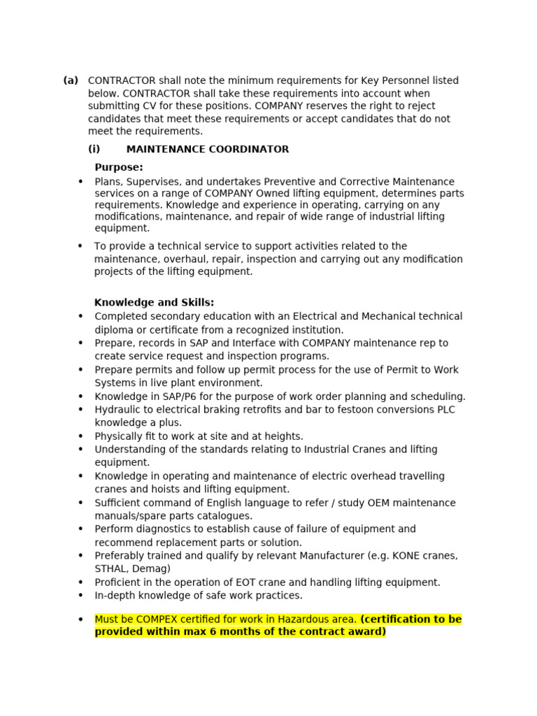 Key Personnel Requirements for Maintenance Roles | PDF | Crane (Machine ...