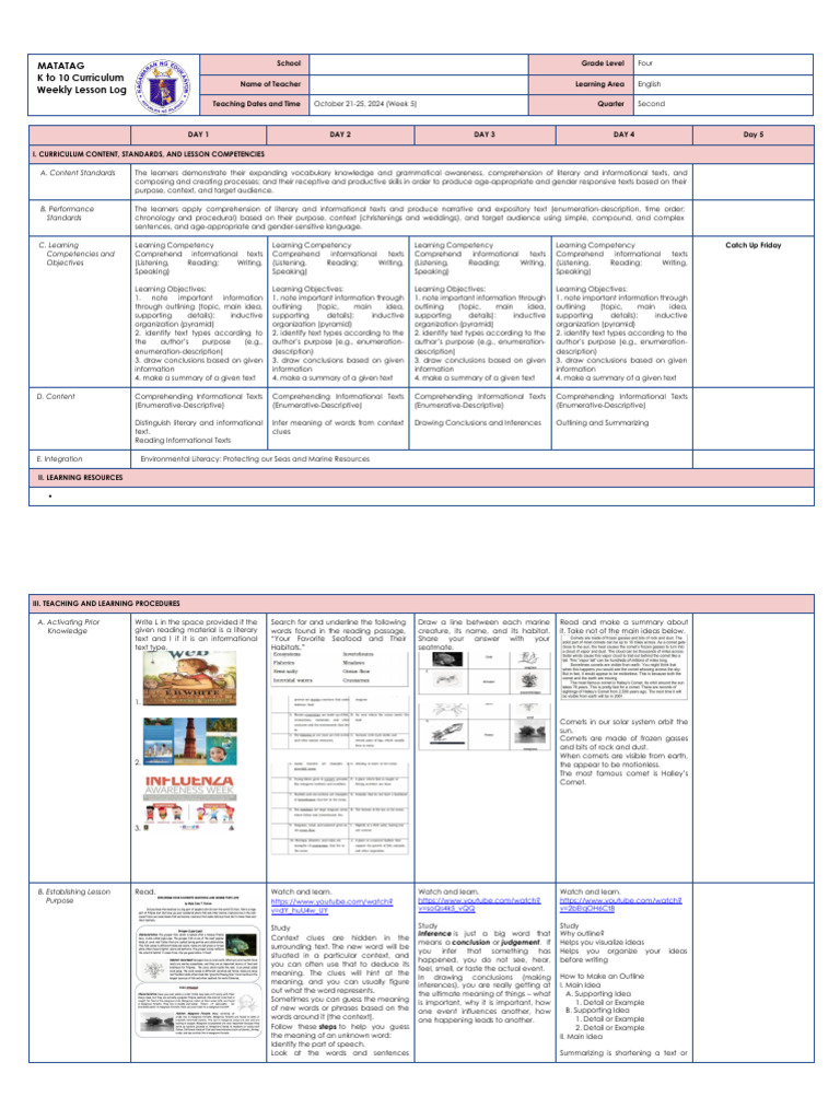 Weekly English Lesson Plan for Grade 4 | PDF | Rock (Geology) | Reading ...