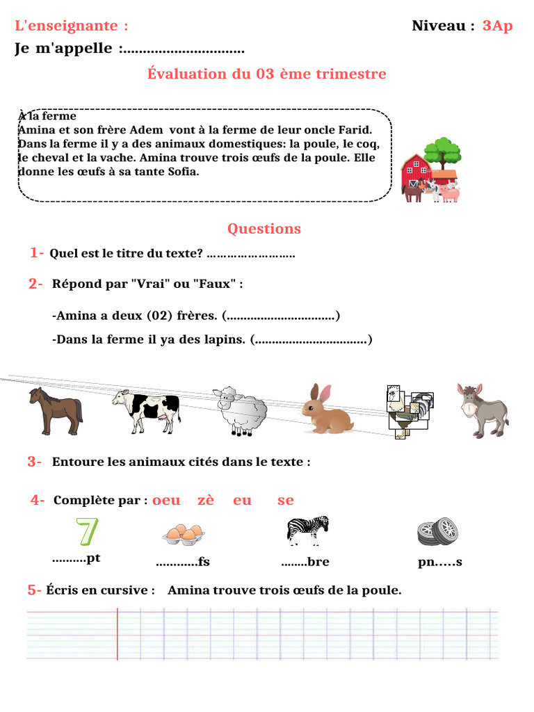 Évaluation 3AP : À la ferme | PDF | Maison et jardin