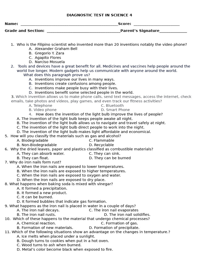 Science Diagnostic Test for Grade 1 | PDF | Foods | Telephone