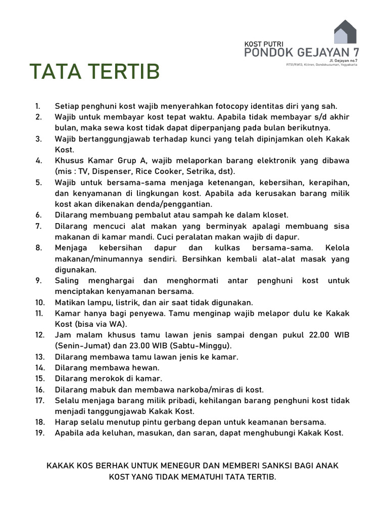 Tata Tertib Kos Print A4 | PDF