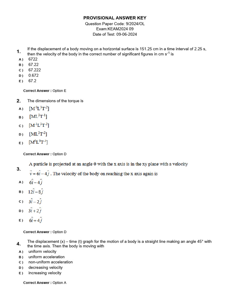 Provisional Answer Key: Option E | PDF | Force | Physical Quantities