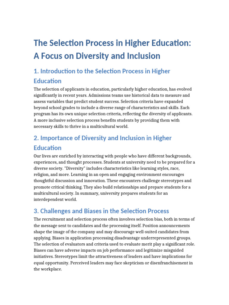 The Selection Process in Higher Education - A Focus On Diversity and ...