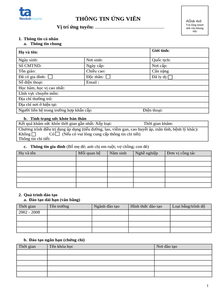 Mau Khai Thong Tin Ung Vien 2021 1 | PDF