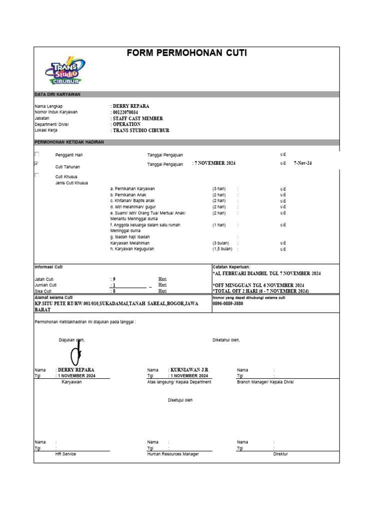 Form Cuti - Derry Nov | PDF