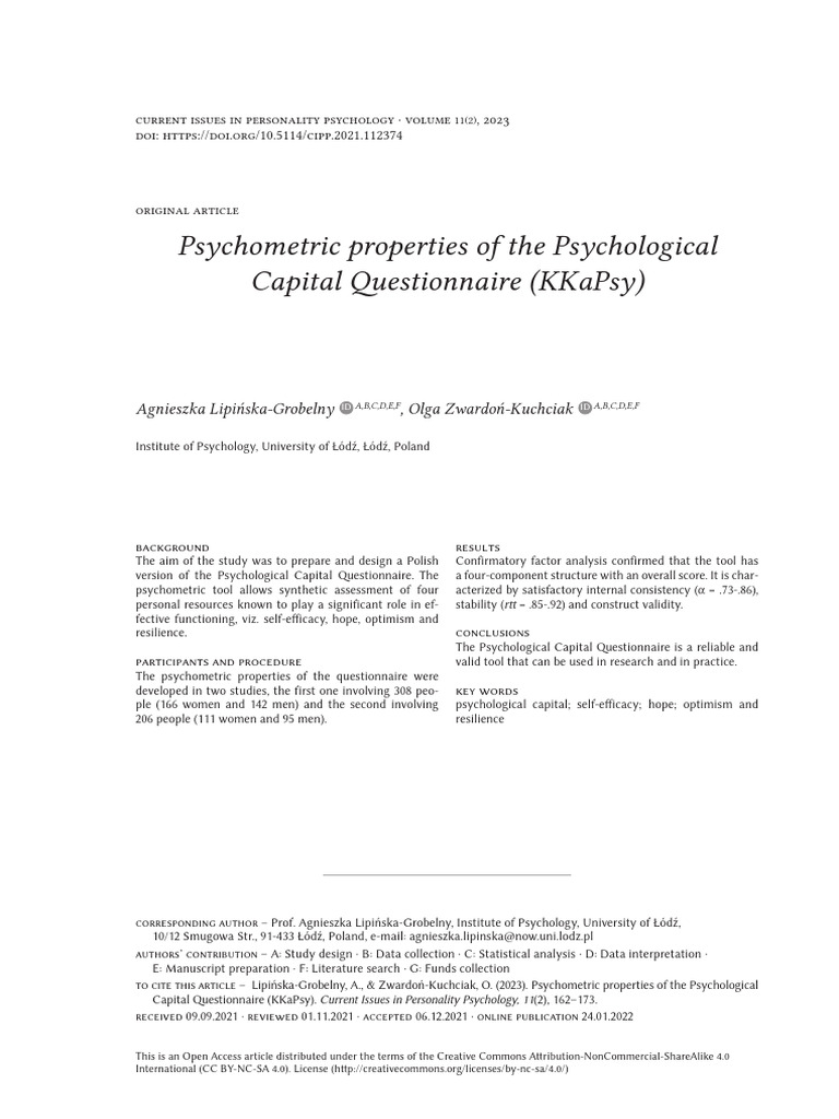 Polish Psychological Capital Questionnaire | PDF | Psychological ...