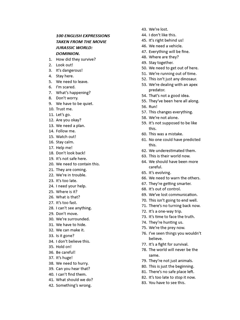 Jurassic World Dominion: 100 Key Expressions | PDF