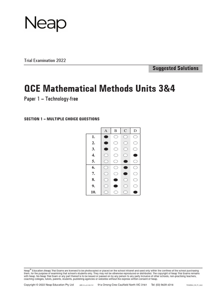QCE Mathematical Methods Units 3&4 Paper 1 Suggested Solutions Booklet ...