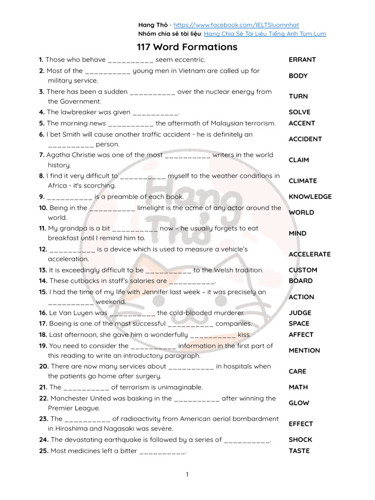 117 English Word Formation Exercises | PDF