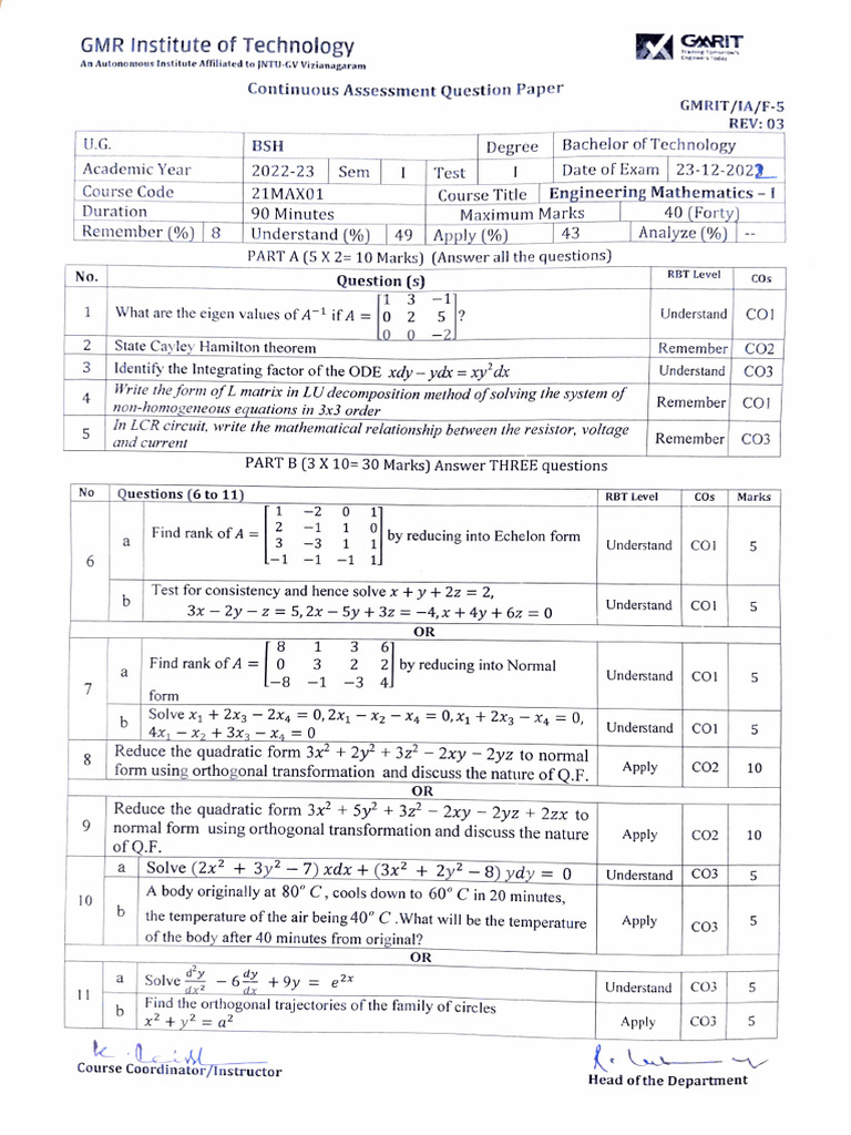 1st Btech 2022-23 M1 Ses-Q1 | PDF | Mathematical Objects | Algebra