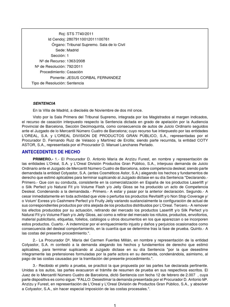 Sentencia sobre Competencia Desleal L'Oréal | PDF | Caso de ley ...