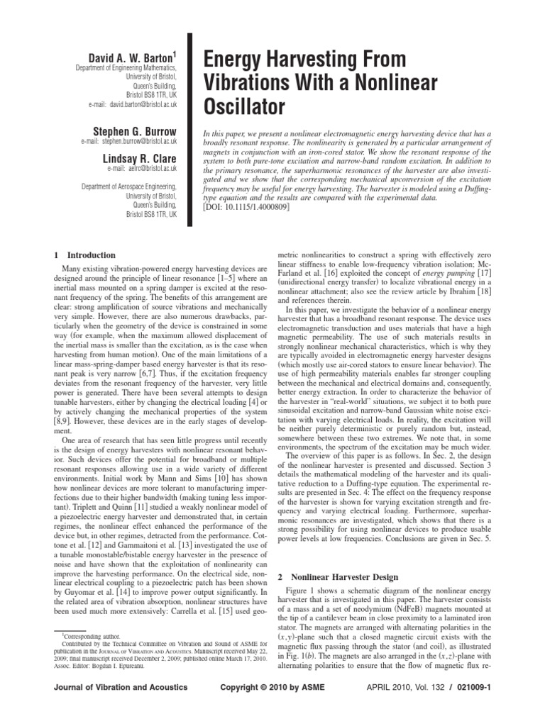 Energy Harvesting From Vibrations With A Nonlinear Oscillator | PDF ...