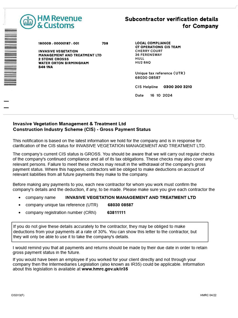 CIS Gross Payment Status for IVMT Ltd | PDF | Economies | Business Law