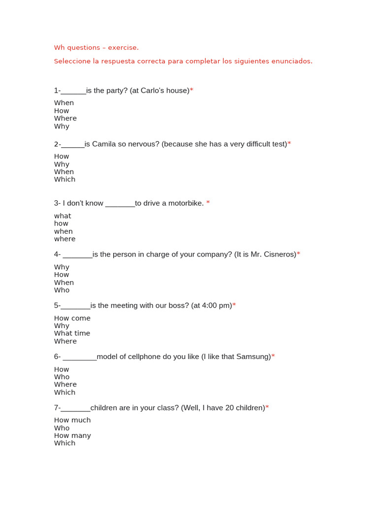 Wh Questions Practice Exercise | PDF | Language Arts & Discipline