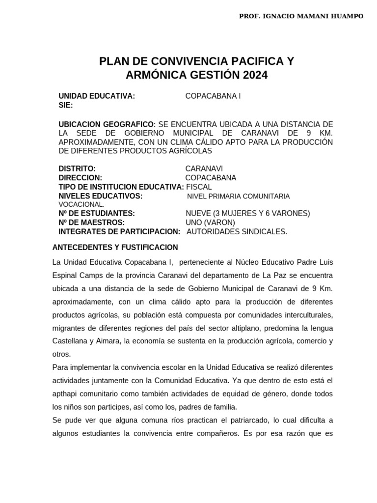 Plan de Convivencia Escolar 2024 | PDF