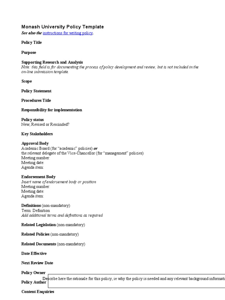 Monash University Policy Template Guide | PDF