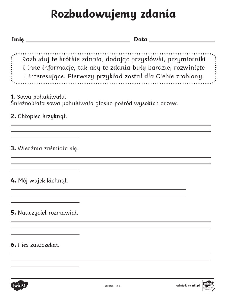 Rozbuduj Zdania Karta Pracy Pisanie Zdan - Ver - 1 | PDF