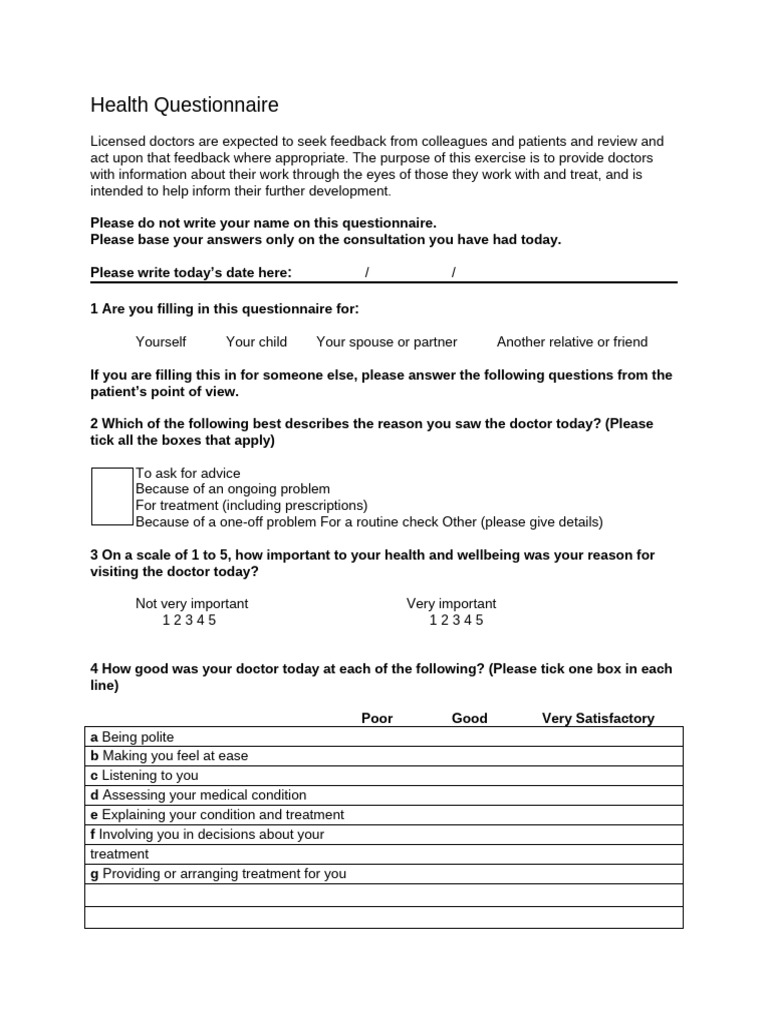Patient Feedback Questionnaire for Doctors | PDF | Social Programs ...