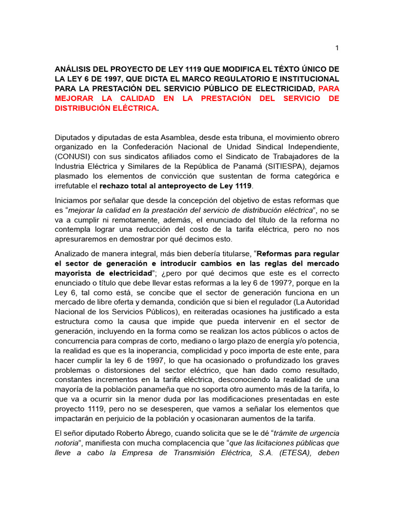 Análisis del Proyecto de Ley 1119 sobre Electricidad | PDF | Business ...