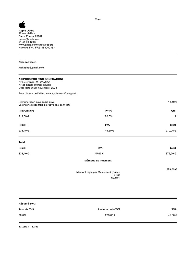 Facture Apple pour AirPods Pro | PDF