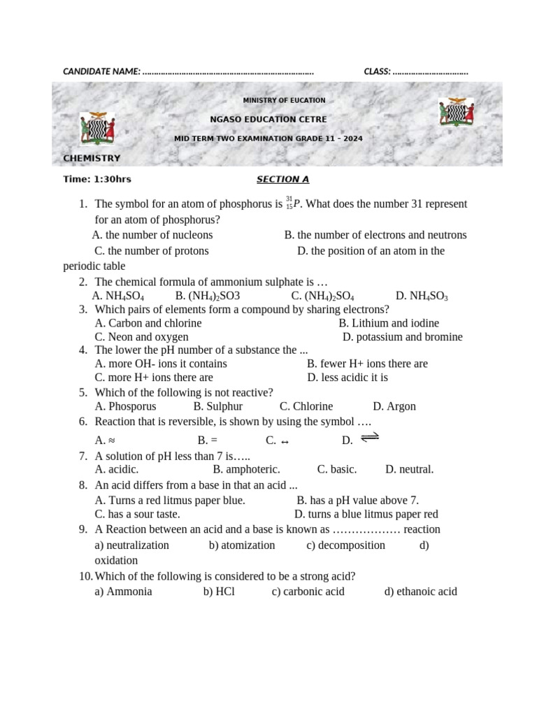 Grade 11 Chemistry Midterm Exam 2024 | PDF | Ph | Acid