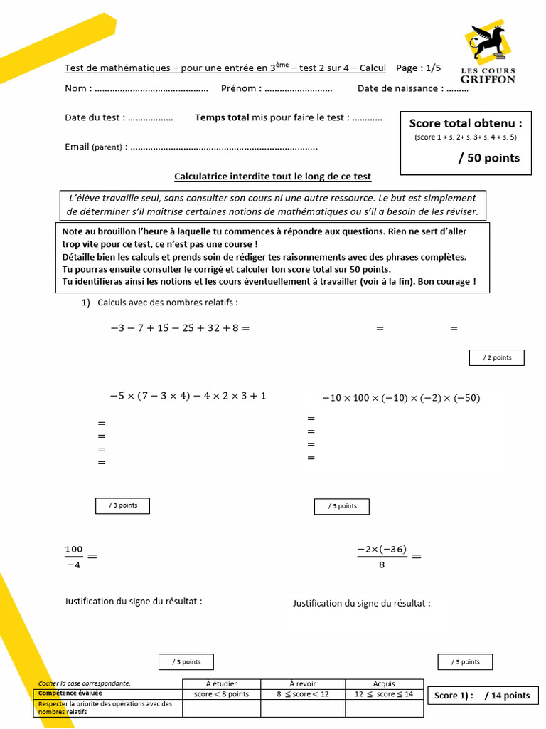 Test de maths pour entrée en 3ème | PDF | Mathématiques