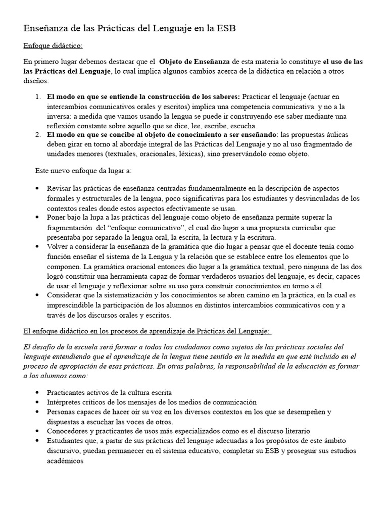 Ensenanza de Las Practicas Del Lenguaje Resumen | PDF | Enseñando ...