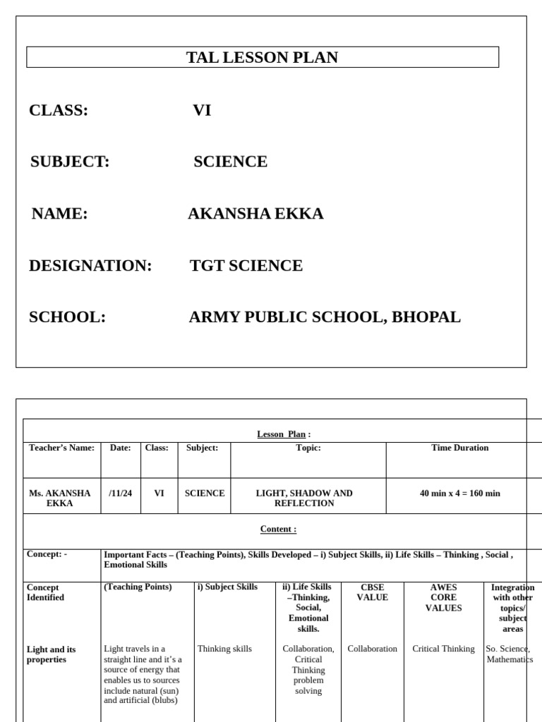 Tal Lesson Plan Full ND Final | PDF | Reflection (Physics) | Learning