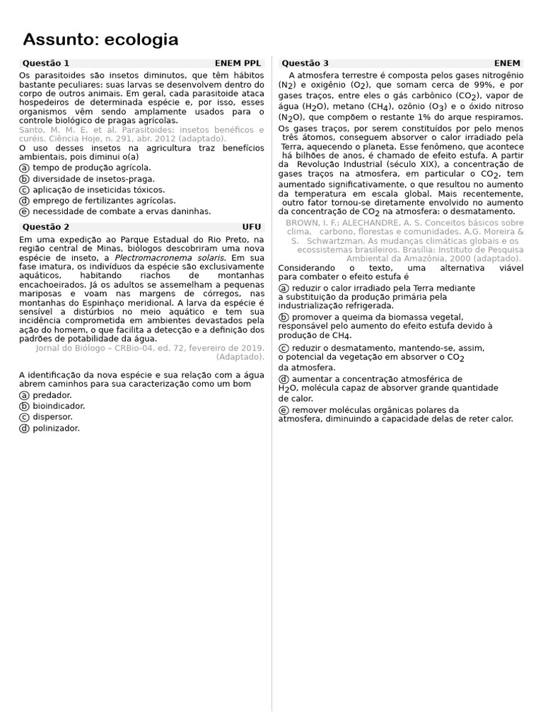 Simulado ENEM PPL: Questões de Ecologia | PDF | Mangue | Agricultura