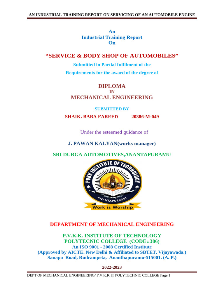 Automobile Engine Servicing Report | PDF | Internal Combustion Engine ...