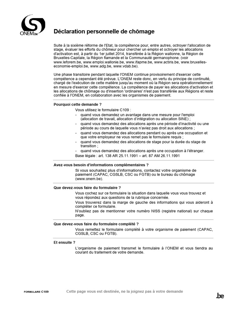 Formulaire C109 : Demande de chômage | PDF | Chômage | Relations entre ...