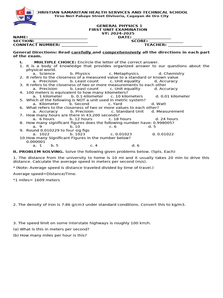 General Physics 1 Unit Exam 2024-2025 | PDF | Accuracy And Precision ...