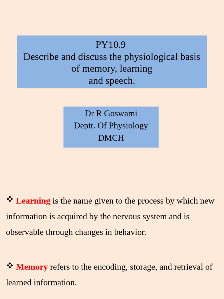 Physiological Basis of Memory and Learning | PDF | Memory | Speech