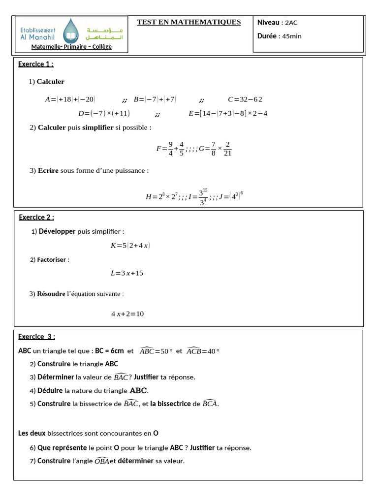 Exercice de mathématiques 2AC semestre 1 | PDF