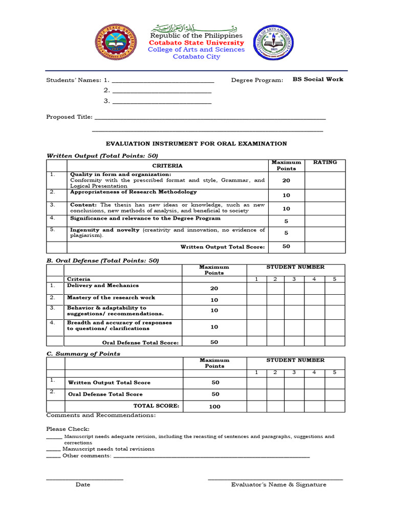 Evaluation Instrument For Oral Examination 1 | PDF | Cognition | Science