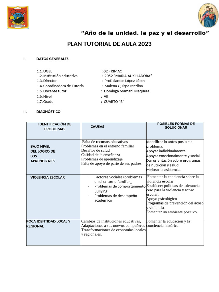 Plan de Tutoria Del Aula 2023 Esquema | PDF | Salón de clases | Violencia
