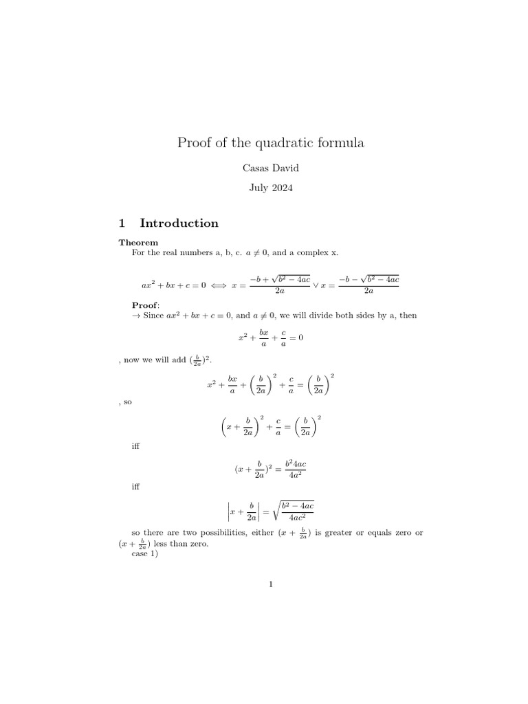Proof Of The Quadratic Formula Pdf Quadratic Equation Square Root 