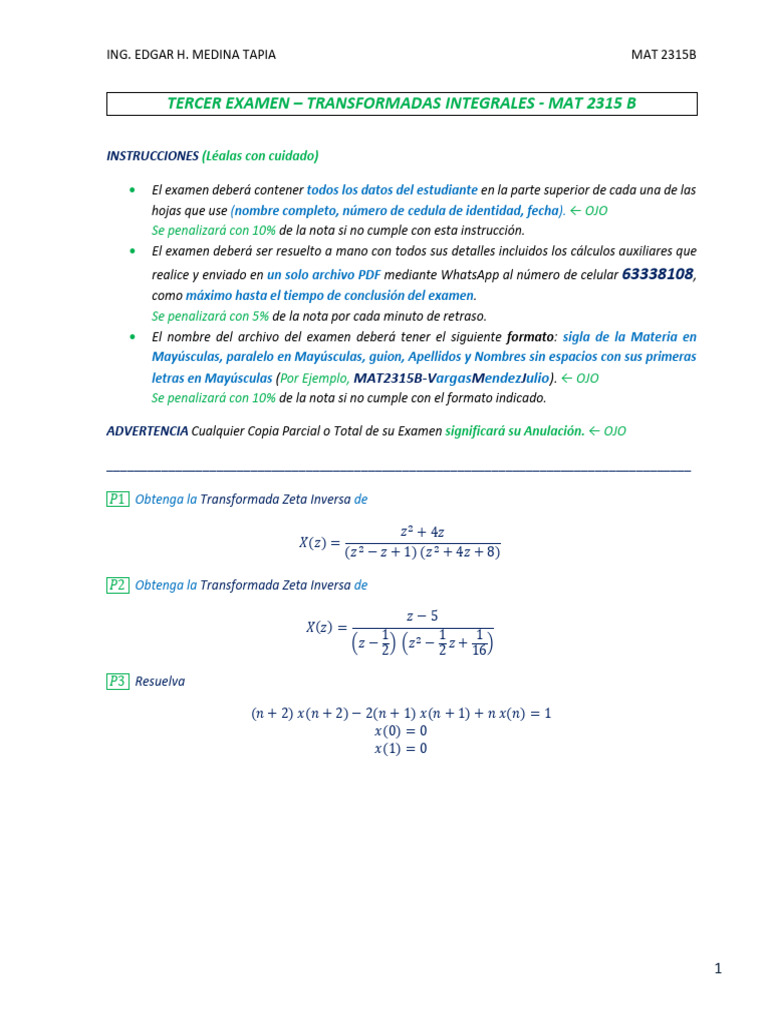 Tercer Examen de Transformadas Integrales | PDF