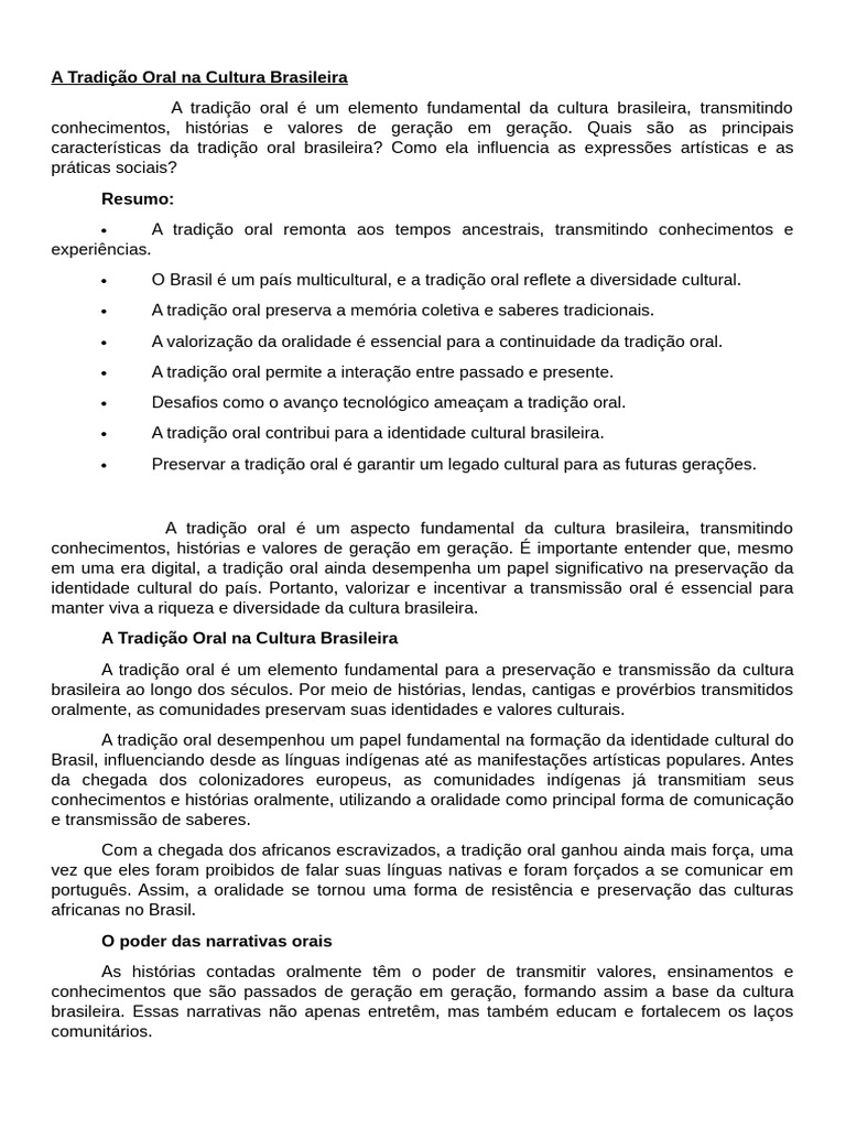 Valorização da Tradição Oral Brasileira | PDF | Tradição oral | Tradições