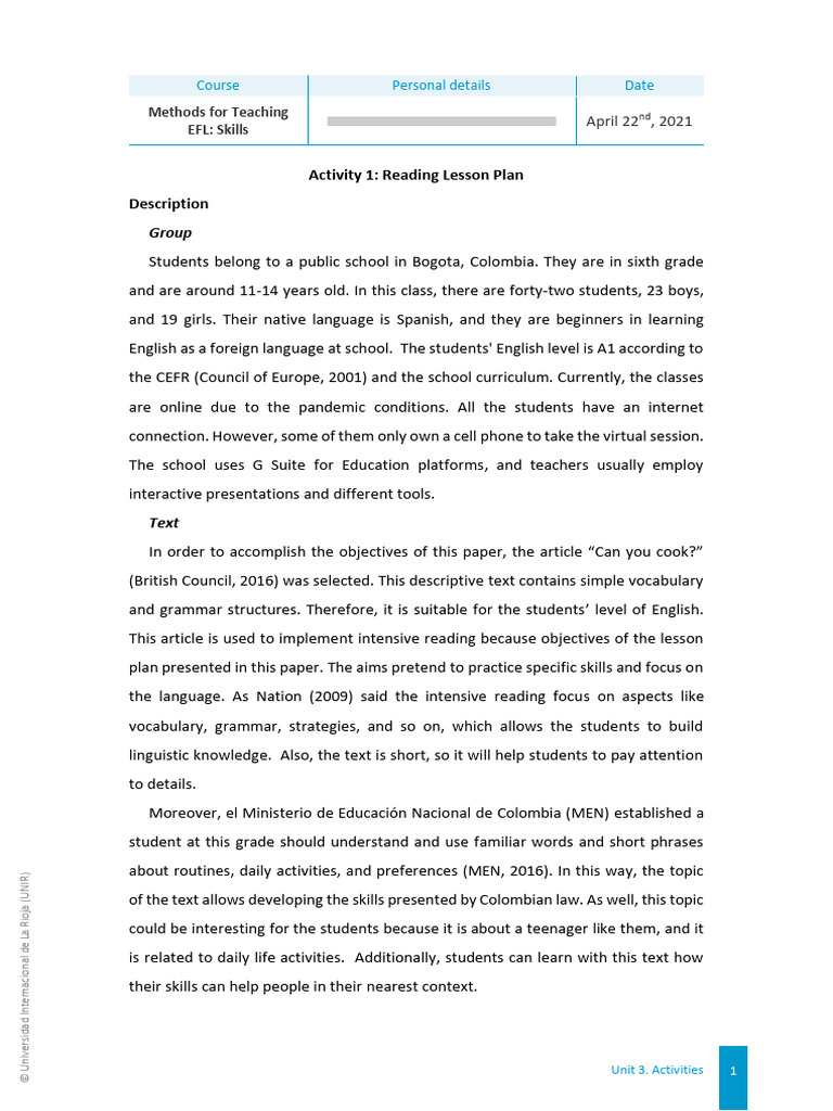 EFL Lesson Plan for Beginners: Skills | PDF | Lesson Plan | English As ...