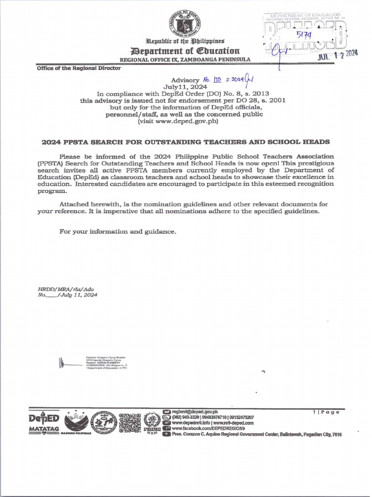 Advisory PPSTA Search For Outstanding Teachers and School Heads | PDF