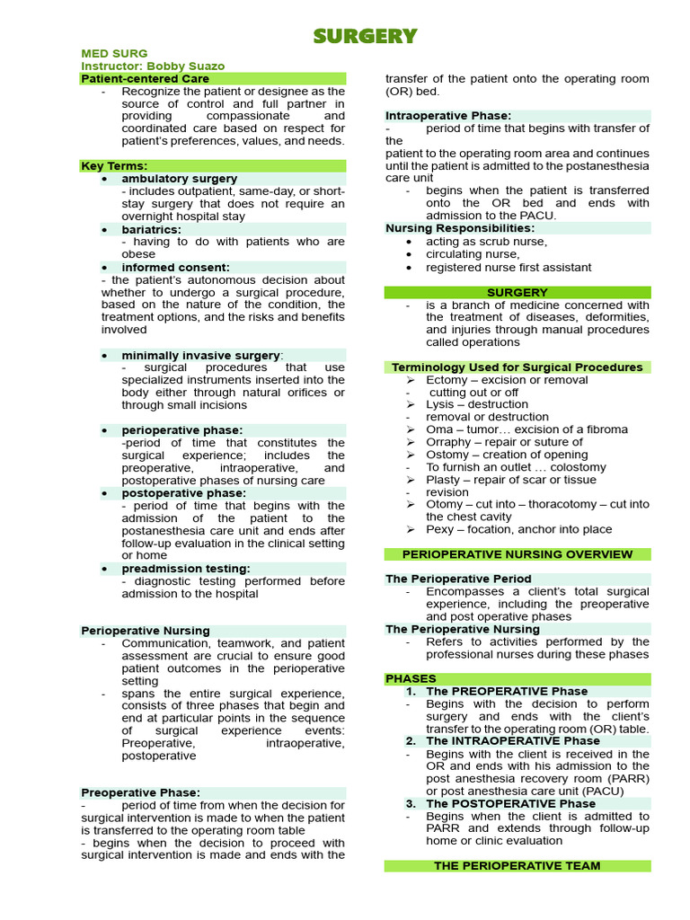 Perioperative Nursing Overview Guide | PDF | Surgery | Perioperative